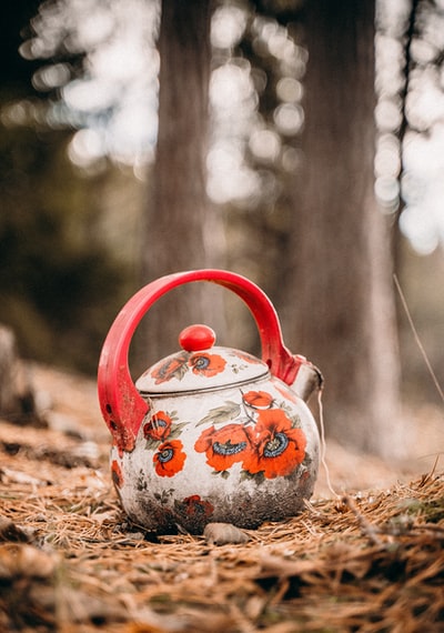 干叶上的白色和红色花茶壶